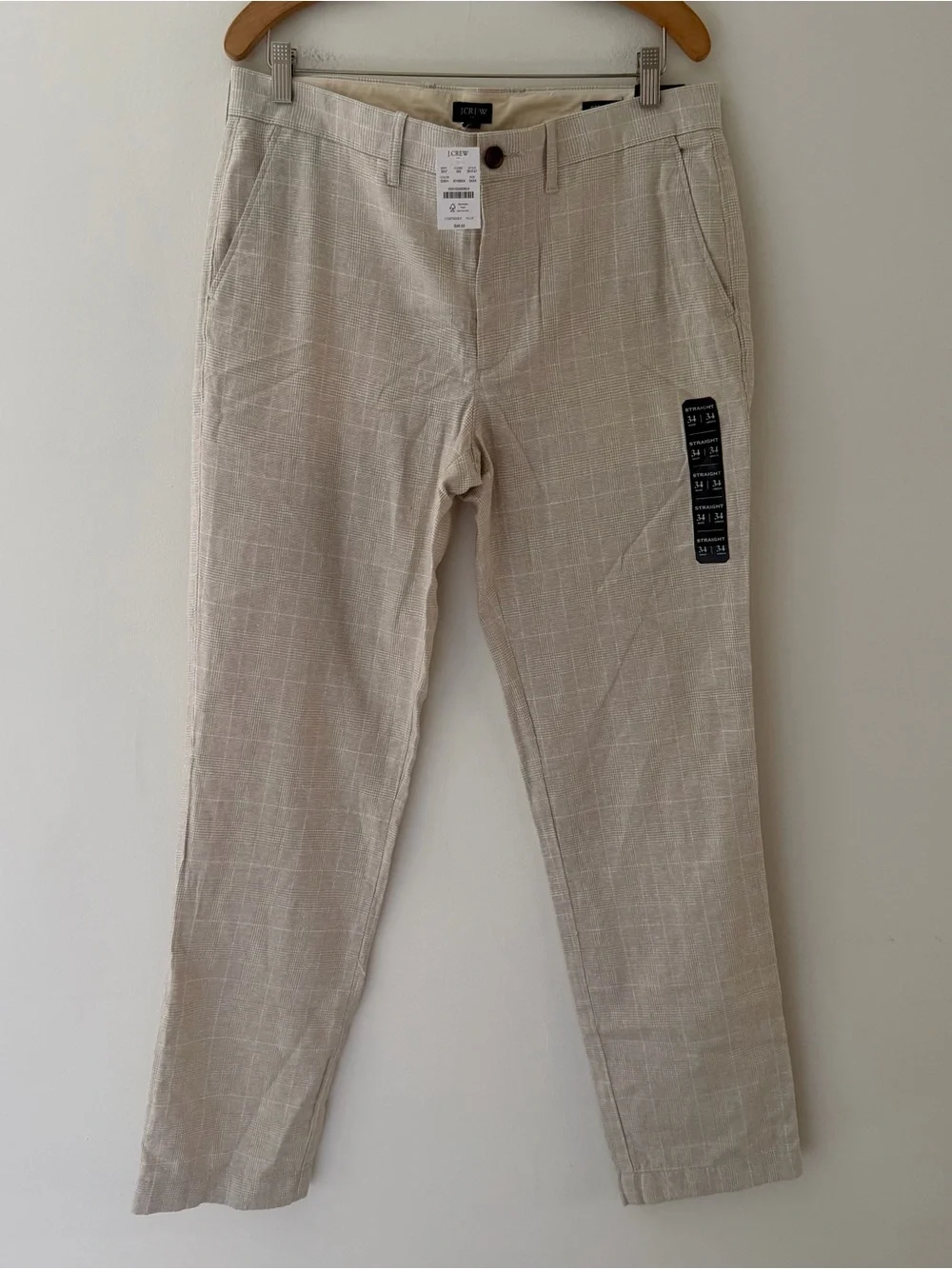 J Crew NWT Linen Blend Pants Tan Cream Straight Leg Glen Plaid Size 34 X 34